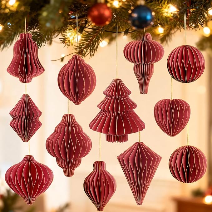 12Pcs Red Paper Christmas Party Decorations, 3D Honeycomb Paper Hanging Ornaments with Glitter, Finial Honeycomb Lantern Burgundy Ornaments for Christmas Trees Winter Wonderland Party