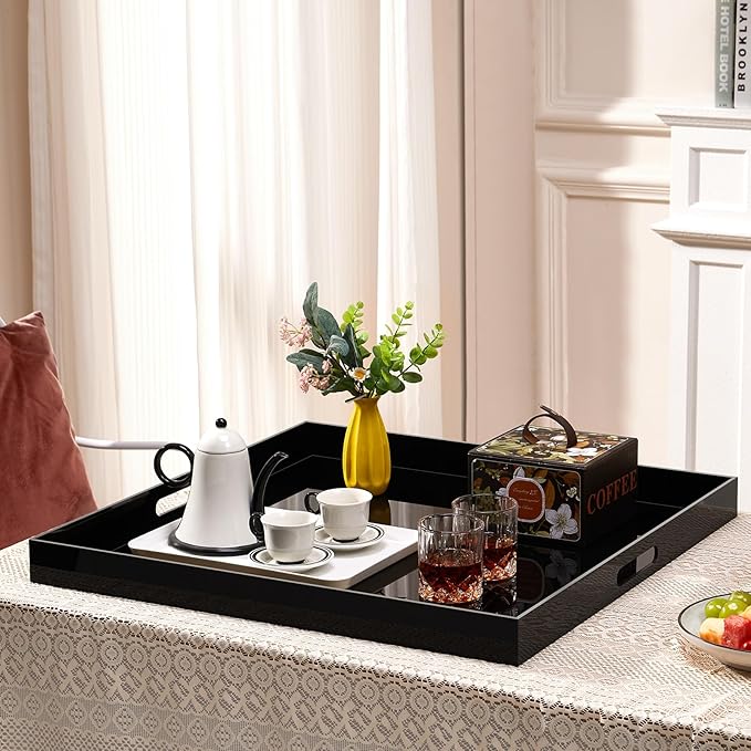 16×16 inches Oversized Black Acrylic Ottoman Tray Extra Large Decorative Tray Spill-Proof Serving Trays with Handles King-Size Safe Edge Organizer for Coffee Table Countertop Breakfast
