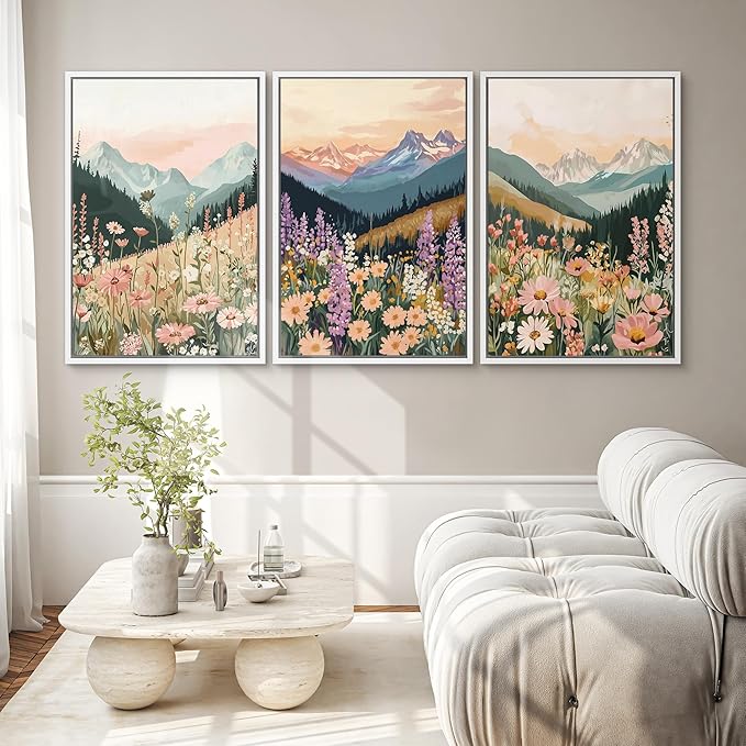SIGNWIN Framed Canvas Print Wall Art Set Wildflower Meadow with Mountain Sunset Colorful Nature Landscape Illustrations Modern Art Decorative Zen for Living Room, Bedroom, Office - 16"x24"x3 White