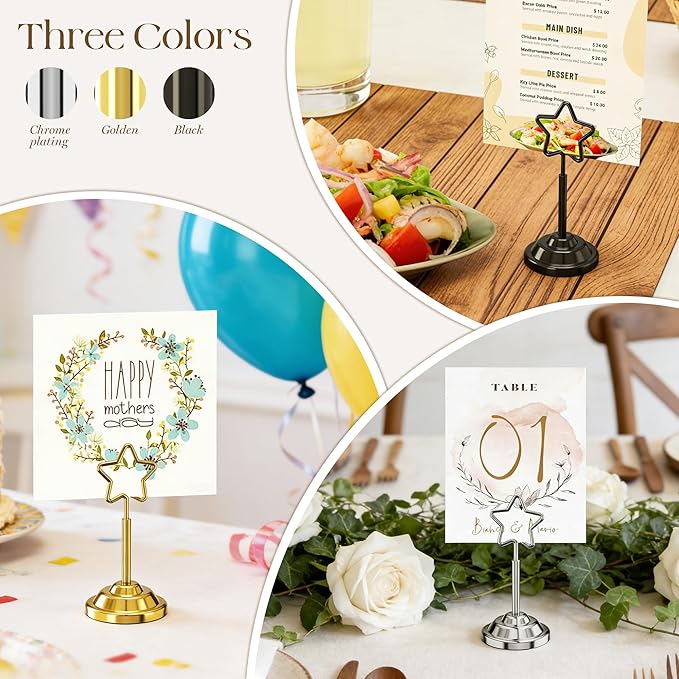 Urban Deco 16 Pieces Table Card Holder Place Card Holders 4 inches Steel Card Holders for Photos, Food Signs, Memo Notes, Weddings, Restaurants, Birthdays (Silver Pentagram)