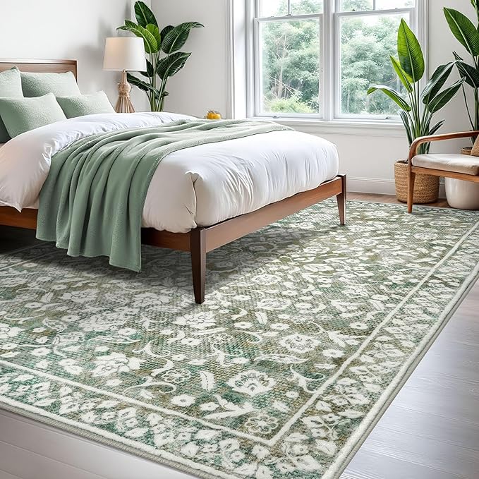Vintage Area Rug 6x9, Sage Green Beige Non-Slip Soft Area Rug Living Room Thin Printed Faux Wool Floor Super Soft Carpet Throw Rugs for Bedroom Dining Room Playroom Indoor Office