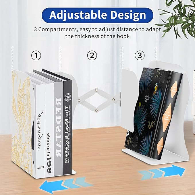 Dragon Bookends, Adjustable Bookends, Unique Book Holders for Shelves, Metal Book Ends for Heavy Books, Non-Skid Book Stander for Desk, Shelf, Office, Stationery Gift (White 2)