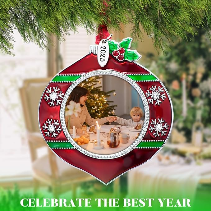 2025 Christmas Tree Ornament Picture Frame Metal Hanging Pendant Holiday 2" Photo Frame Charm Decorative of Pets, Baby First Christmas, Family (2025 Style 5)