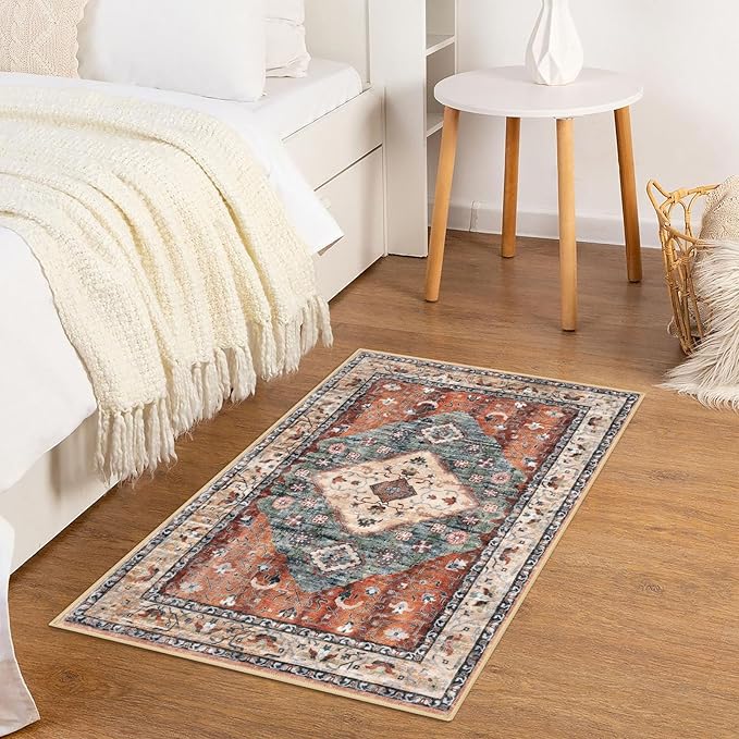 KOZYFLY Small Area Rug 2x3 Ft Rugs for Entryway Washable Boho Entry Rug Non Slip Door Mat Indoor Entrance Rust/Orange/Blue Printed Faux Wool Vintage Printed Kitchen Rug Throw Rugs for Entrance Kitchen