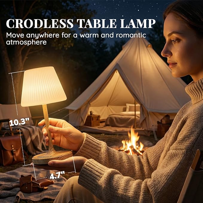 Cordless Table Lamp, Waterproof Shower Lamp, 4000mAh Rechargeable Table Lamps, 3-Color Dimmable Light, Battery Operated Lamp Desk Night Lamp for Bathroom Bedroom Patio Camping Restaurant (Wood Grain)