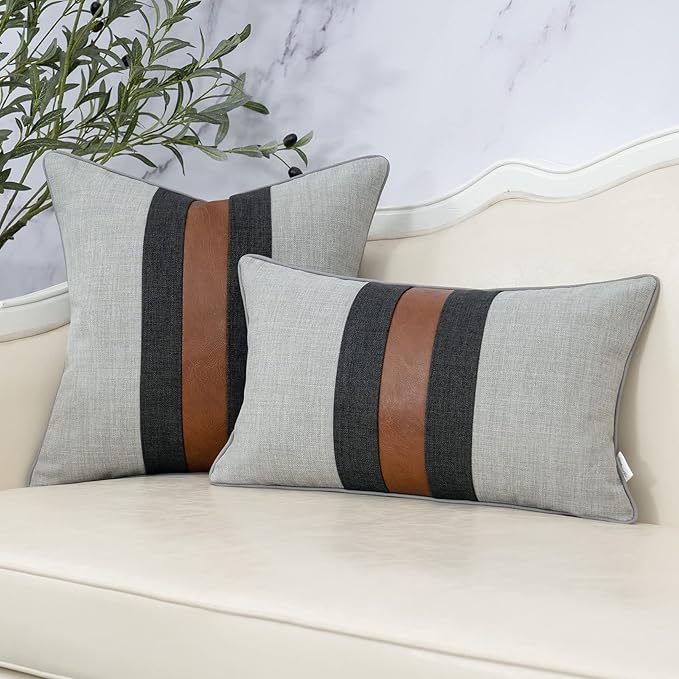 Yangest Patchwork Pillow Cover 12x20 Inch Luxury Cotton and Linen Cushion Cover Faux Leather Pillowcover for Couch Bedroom Living Room, Gray