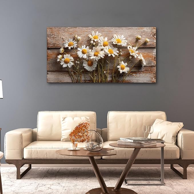 KZKU Rustic Daisy Canvas Wall Art-Large Farmhouse Floral Print- White Flowers on Weathered Wood Background- Modern Decor for Living Room Bedroom 24X48in