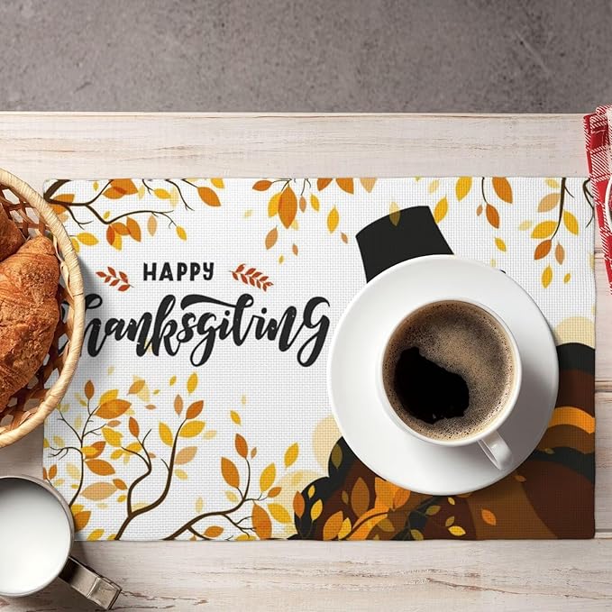 Thanksgiving Turkey Placemats, Cartoon Turkey Autumn Branch Yellow Leaves Fall Harvest Kitchen Dining Table Decoration for Indoor Outdoor Farmhouse Home Party Decor, 4PCS