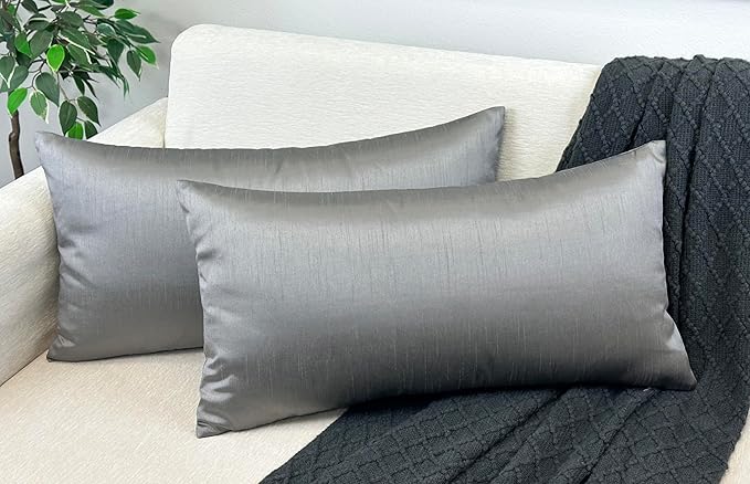 Aiking Home 12x24 Inches Faux Silk Rectangular Throw Pillow Cover, Zipper Closure, Charcoal (Set of 2)