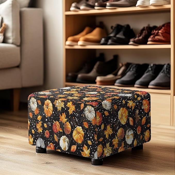 Fall Maple Leaves Pumpkin Rectangle Ottoman Cover Machine Washable Stretchable Slipcover with Elastic Edge for Rectangular Footstools, Thanksgiving Decor 30" L x 24" W x 15" H