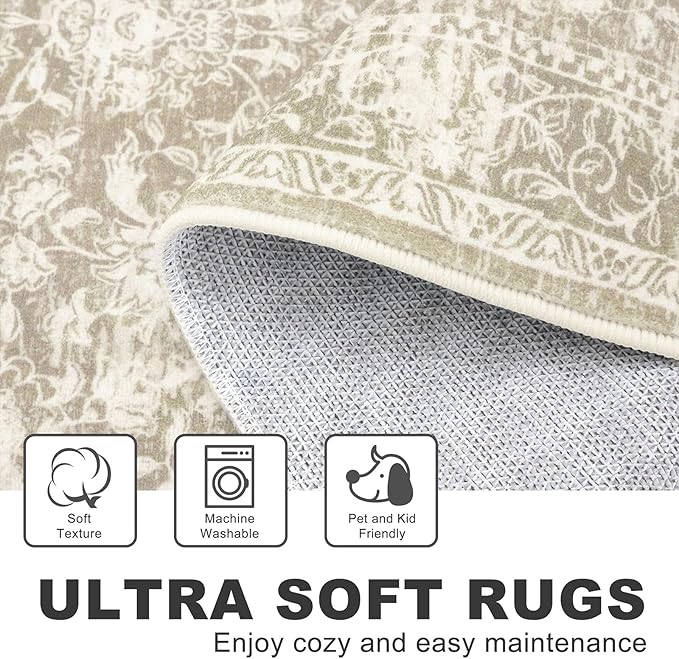 KILOCOCO Hallway Runner 2x7 Rug Runner Printed Vintage Floral Washable Kitchen Runners Non-Slip Rubber Backed Runners for Hallways Laundry Room Distressed Boho Rugs for Entryway Bedroom, Beige