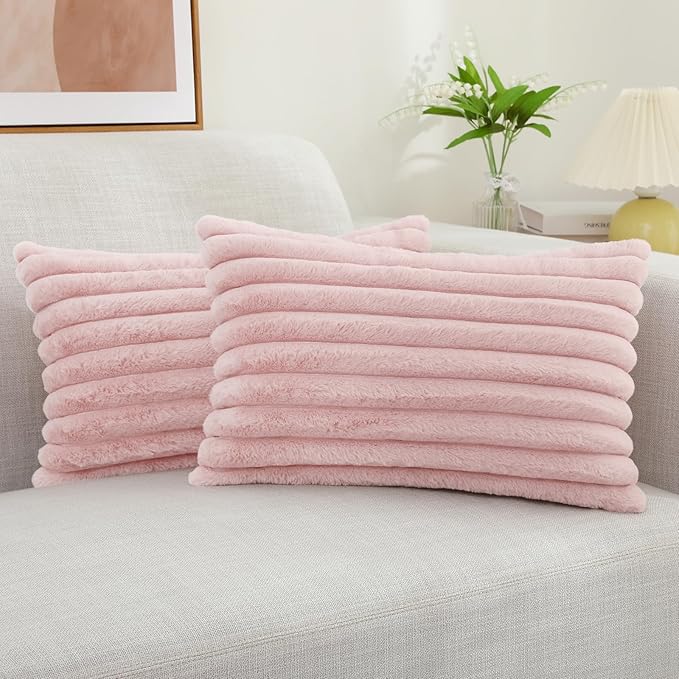 decorUhome Faux Fur Christmas Throw Pillow Covers 12x20 Set of 2, Decorative Soft Plush Striped Lumbar Neutral Couch Euro Pillow Covers with Velvet Back for Sofa, Bed, Living Room Home Decor, Pink