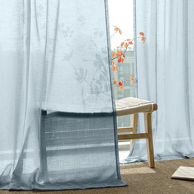 ANRODUO Extra Long Blue Linen Curtains 120 inch Length 2 Panels Stone Blue Neutral Farmhouse Living Room Drapes Light Filtering Semi Sheer Linen Drapes 120 inches Long for Floor to Ceiling Window