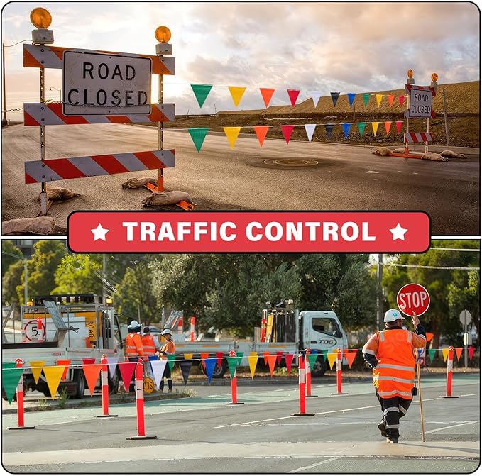 50ft Pennant Banner Flags, 7x10 Multicolor 25 Pcs High Visibility Safety Flagging on String, Triangle Pool Flags for Backstroke, Construction Events Party Decoration Parking Marking Outside