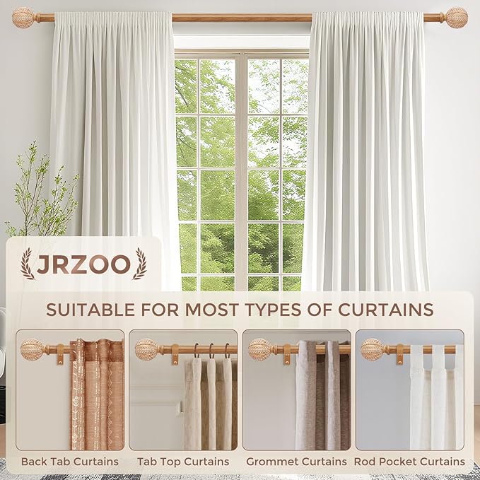 2 Pack Wood Curtain Rod for Windows 28 to 48 Inch, 1'' Diameter Adjustable Heavy Duty Rustic Farmhouse Drapery Rods with Boho Imitation Wooden Grain Decorative Finials, Size: 28''-45'' – Light Wood