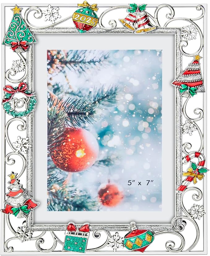 GUOER Picture Photo Frame 5x7 Inch Snowflake Christmas Metal Photo Display Photo Picture Frames with High Definition Glass Front Gift Ideas Tabletop Home Decorative (Christmas Tree 2025)