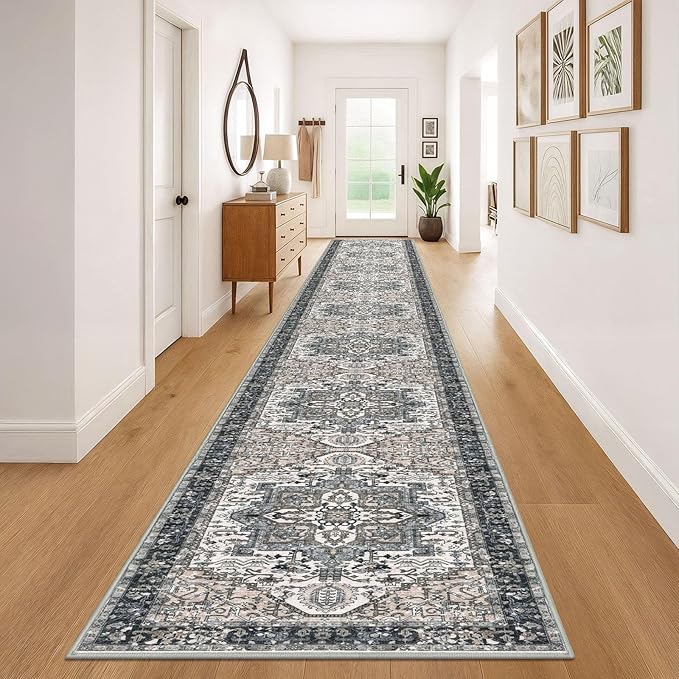 KOZYFLY Runners for Hallways 3x20 Ft Extra Long Faux Wool Washable Thin Hallway Rug Printed Runner Carpet for Entryway Bedroom Stair Kitchen Hall Living Room Decor, Black/Taupe/Beige