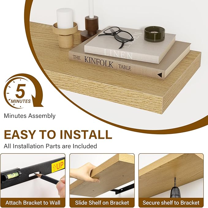 72 Inch Floating Shelves 2 Pack, 8 Inch Deep Floating Shelf Wall Mounted, Large Shelves with Invisible Bracket for Books|Storage, Rustic Wood Wall Shelf for Bedroom, Kitchen, Living Room, Oak