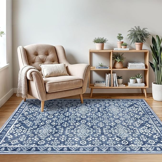 Vintage 3x5 Washable Rug for Entryway, Super Soft Denim Blue White Entryway Rug with Non-Slip, Printed Faux Wool Floral3x5 Area Rug Thin Floor Carpet for Kitchen, Bedroom, Living Room