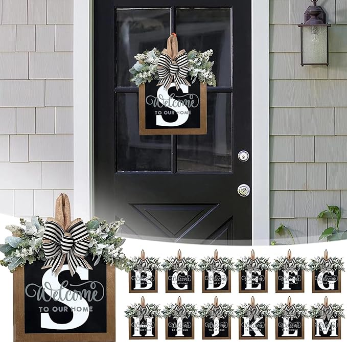 Last Name Year Round Front Door Wreath Front Porch Decoration 26 Letter Welcome Sign with Eucalyptus Garland and Bow Spring Wreaths for Front Door Outside Hanger Garland（S）