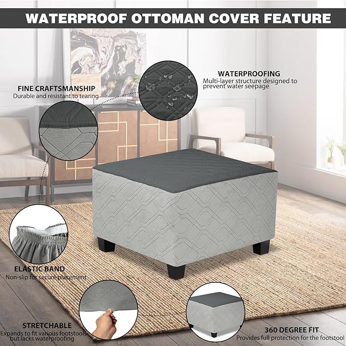 Ottoman Cover Square,Waterproof Square Ottoman Covers Thick Slipcover for Living Room,Washable Storage Footstool Furniture Protector for Dogs,Pets,Dark Grey,X-Large