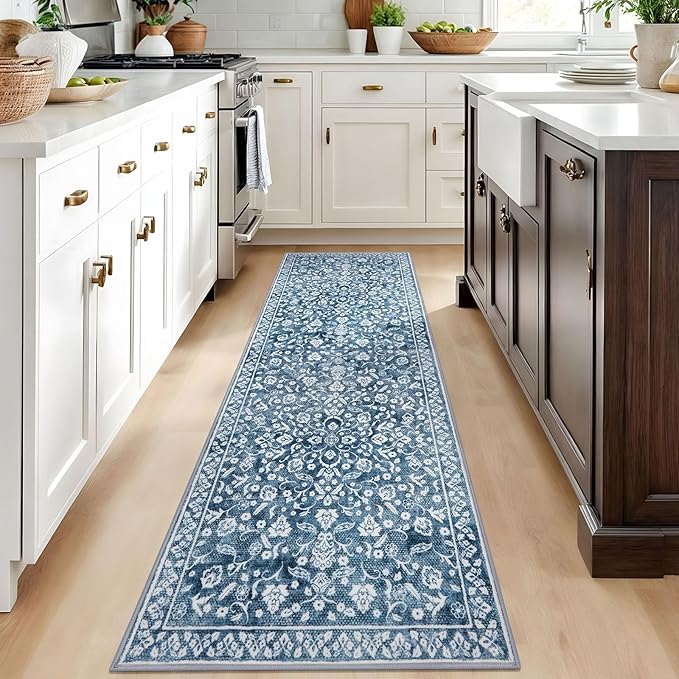 Vintage 2.6x8 Hallway Runner, Blue and White Washable Non-Slip Hallway Carpet, Super Soft Kitchen Runner Rug, Print Faux Wool Floral Thin Carpet for Indoor & Bedside