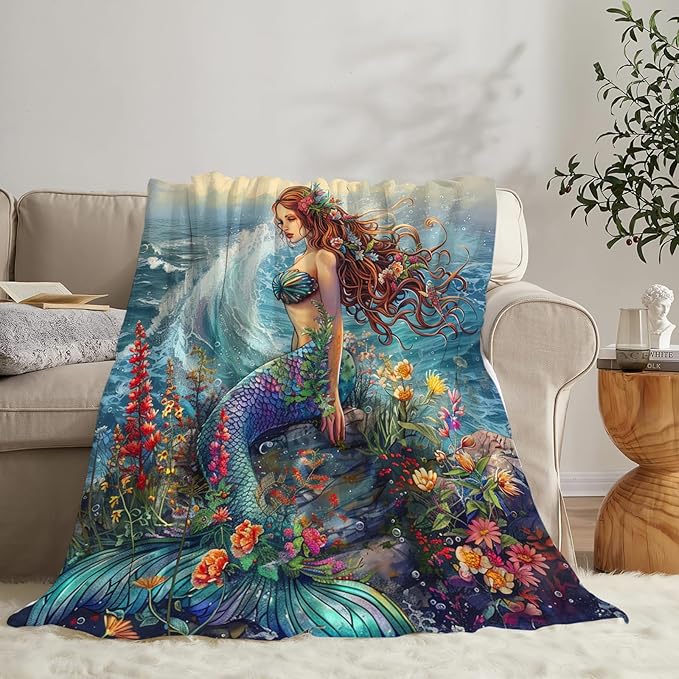 Tijuboni Mermaid Throw Blanket Mermaid Gifts for Girls Women Boys Men Kids Adults Soft Flannel Fleece Blanket for Couch Sofa Bed Home Decor 50"x60"