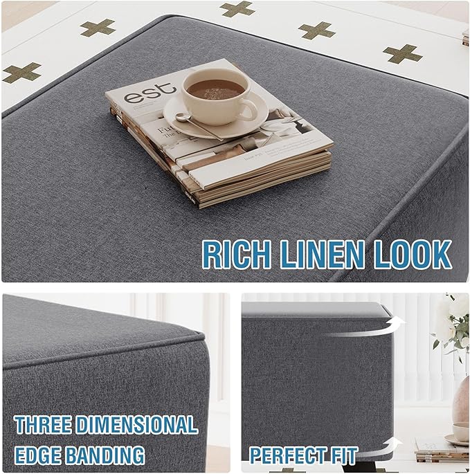H.VERSAILTEX Ottoman Cover Slipcover Rectangle Fit Length 43"-44" Footrest Sofa Slipcovers Stool Cover Footstool Protector Covers Feature Thick Linen Look Fabric Removable Washable - Heather Grey