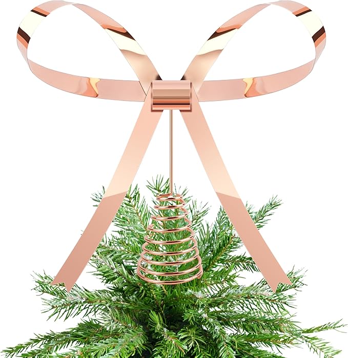 Metal Christmas Bow Tree Topper, Christmas Rose Gold Bow Ornament Decorations for Xmas Tree Topper Garland Wreath Indoor Outdoor Decor, 9.5 x 8.7''