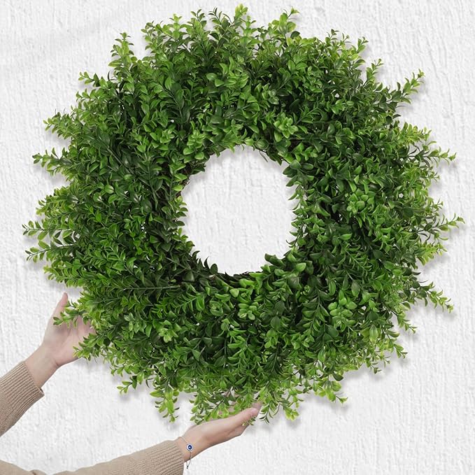 Boxwoods Wreaths for Front Door 26 Inch Large Artificial Green Leaves Greenery Indoor Outdoor Wreath Home Decor Porch Window Wall Farmhouse Door Decorations Spring Summer Fall All Seasons
