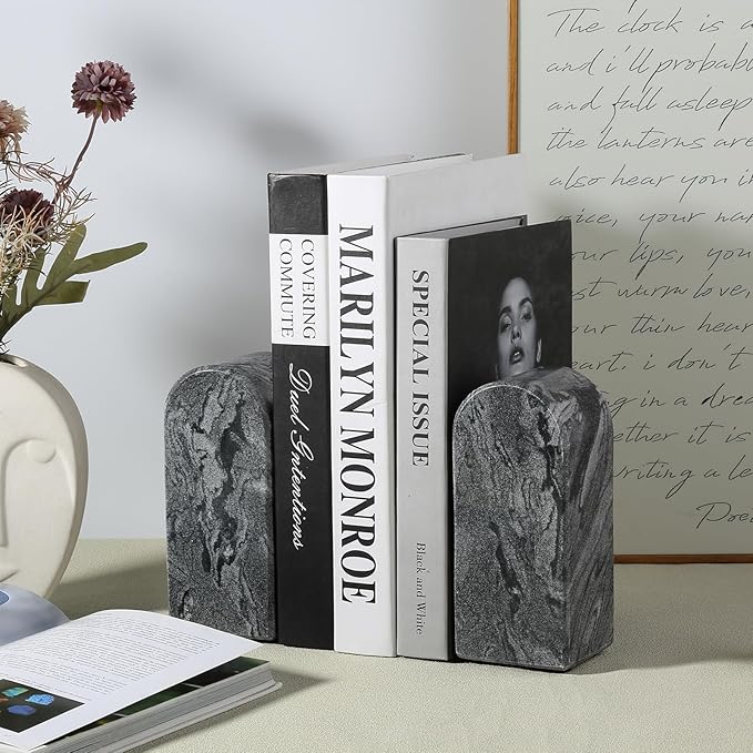 Koville African Natural Marble Bookends for Shelves, 7lbs Heavy-Duty Marble Book Holders, Decorative Book Ends, Bookshelf Apartment Decor for Normal Books/CD/Video Games