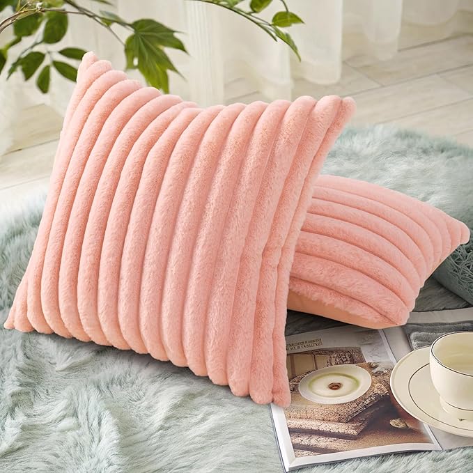 decorUhome Faux Fur Christmas Throw Pillow Covers 26x26 Set of 2, Decorative Soft Plush Striped Neutral Couch Euro Pillow Covers with Velvet Back for Sofa, Bed, Living Room Home Decor, Blush Pink