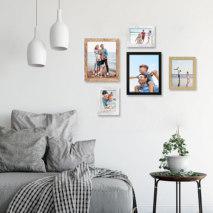 iRahmen 4x6 Picture Frame Set of 4, High Definition Real Glass 4 x 6 Photo Frames for Tabletop Display and Wall Mounting (Distressed White+Oak+Rustic Brown+Black)