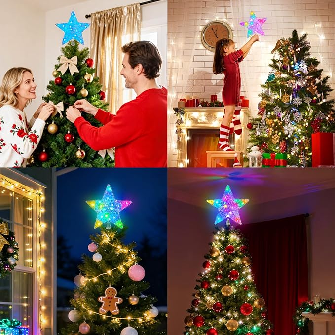 Christmas Tree Star Topper, LED Tree Decorations, UL Certified Colorful Star Tree Topper Lights for Home Garden USB Plug in Xmas Tree New Year Holiday, APP and Remote Control, DIY Dimmer(Silver)