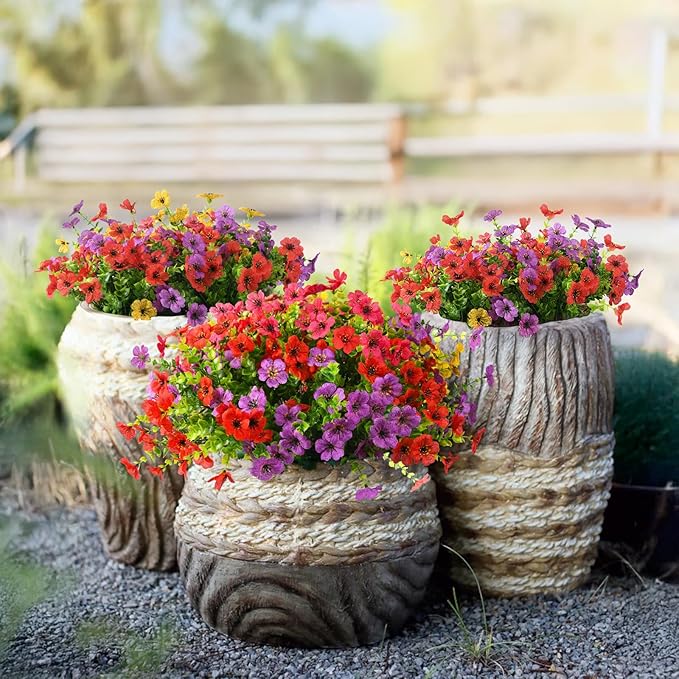 Artificial Fake Flowers Plants for Outdoors Spring Decor, 12 Bundles Colorful Faux Silk Flowers Daisy Eucalyptus Plants UV Resisitant for Outside Planter Pots Front Porch Garden Patio