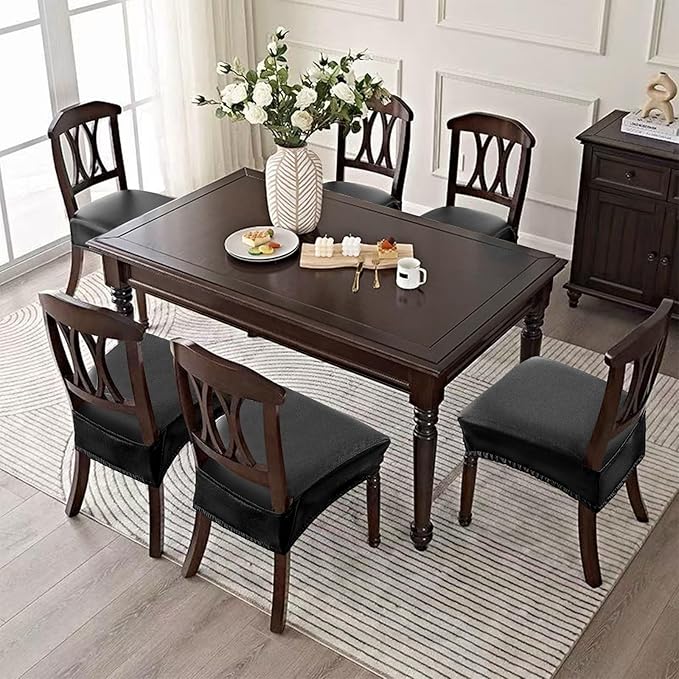 Waterproof Seat Covers for Dining Room Chairs Set of 2 - PU Leather Removable Washable Chair Seat Slipcovers, Rear Covers (Black)