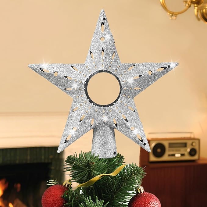 Silver Christmas Tree Topper Star, 12 Inch Glitter Tree Top Decoration, Sparkling Star Ornament for Christmas Tree, Durable ABS Plastic Holiday Decor Accessory, Xmas Tree Topper for Home and Party