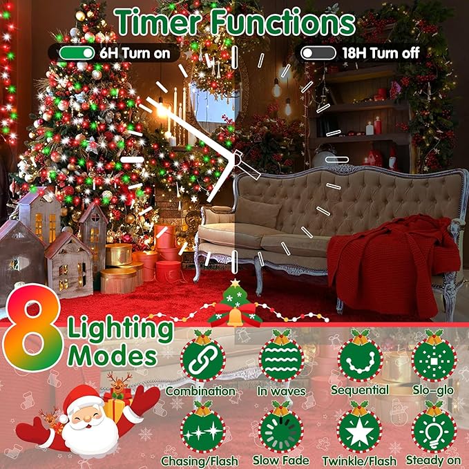 XURISEN 403FT 1000 LED Christmas Lights Outdoor Green Wire String Lights 8 Modes with Timer Memory Waterproof Fairy Light Plug in for Xmas Tree Wedding Yard Party Holiday Decorations(Red+Green+White)