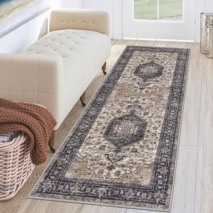KUTA Runners for Hallways 2x6 Ivory Grey-Black, Vintage Floral Kitchen Rugs Non-Slip Washable Runner Ultra Soft Printed Retro Flower Carpet Entryway Rug for Bedroom Laundry Nursery