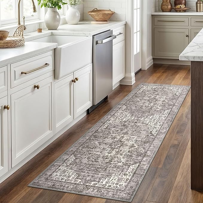 2x6 Runner Rug for Hallways, Taupe Non-Slip Printed Washable Kitchen Runners, Vintage Boho Rugs with Non-Shedding, Medallion Floor Carpet for Laundry Bedroom Entryway