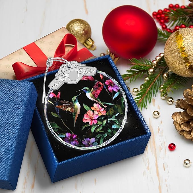 Christmas Ornaments - Hummingbird and Flowers Stained Glass Ornament - Xmas Decor - Ornaments for Christmas Tree - Holiday Presents - Gift Exchange Ideas - Car Hanging Decoration