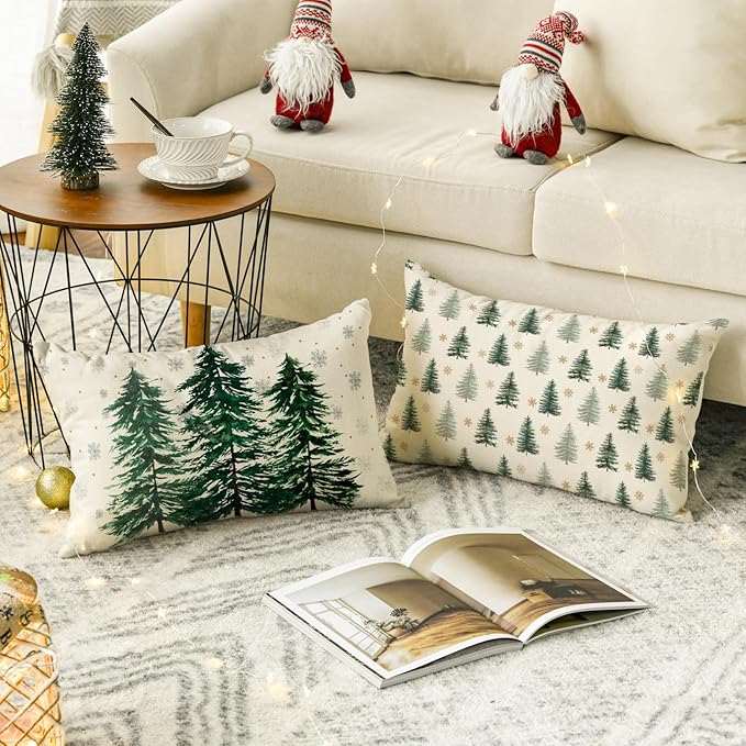 AVOIN colorlife Merry Christmas Trees Snowflake Throw Pillow Covers, 12 x 20 Inch Joy Xmas Balls Winter Holiday Cushion Case Decoration for Sofa Couch Set of 4