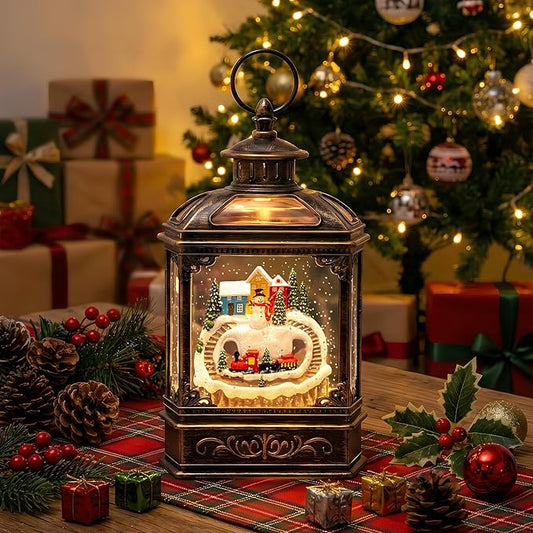 Christmas Snow Globe Lantern Water Glittering Snowman & Train with Music, USB Lined/Battery Operated Lighted Lantern for Christmas Festival Decoration Gifts