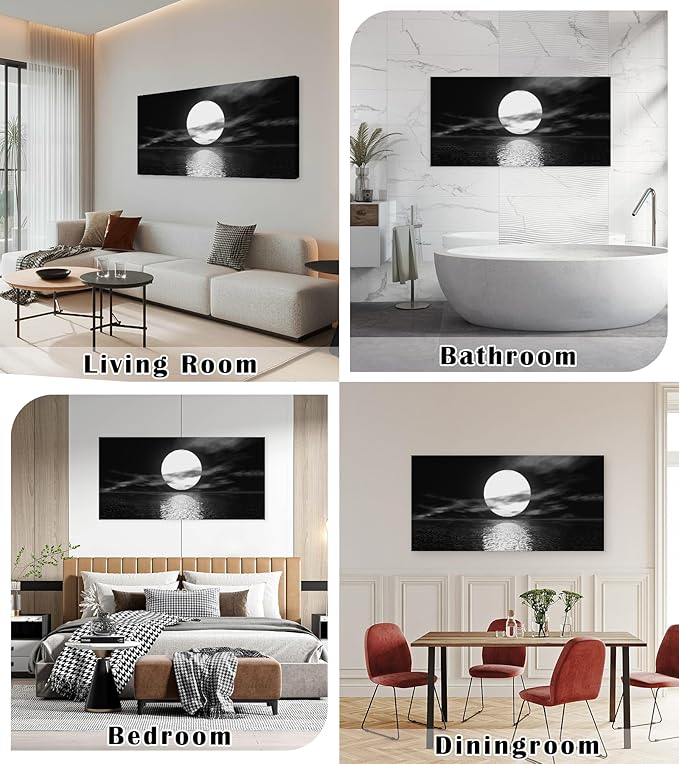 Cao Gen Decor Art S06498 Wall Art Canvas Sea White Full Moon in Night Picture Canvas Poster Print Black and White Ocean for Living Room Bedroom Kitchen Home Decorations Framed Artwork