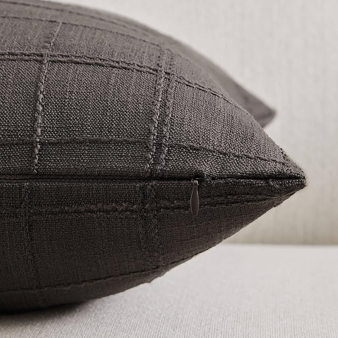 ZeeMart Linen Checked Throw Pillow Covers Set of 2, 18x18 Inch Allover Grid Charcoal, Farmhouse Decorative Double Sided Grid Embroidered Couch Pillow Cases Grey Cotton Linen Cushion Covers