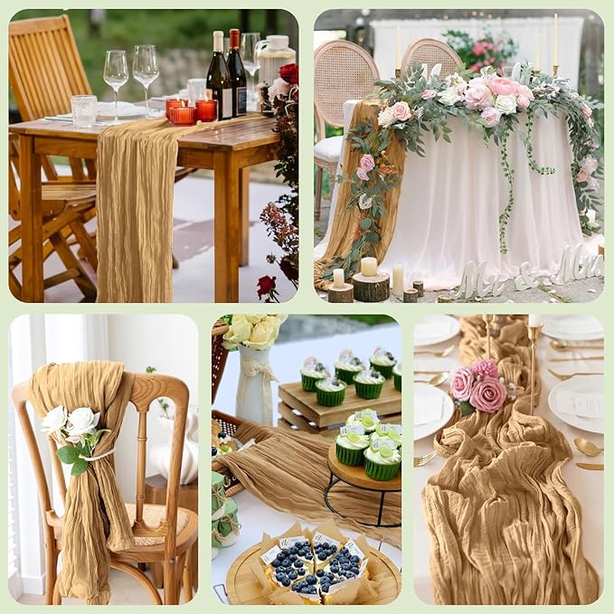 Wokceer Cheesecloth Table Runner 3Pack 10FT Khaki Boho Gauze Cheese Cloth Table Runner for Party Long Rustic Sheer Table Runners for Baby Bridal Shower Wedding Easter Table Decor