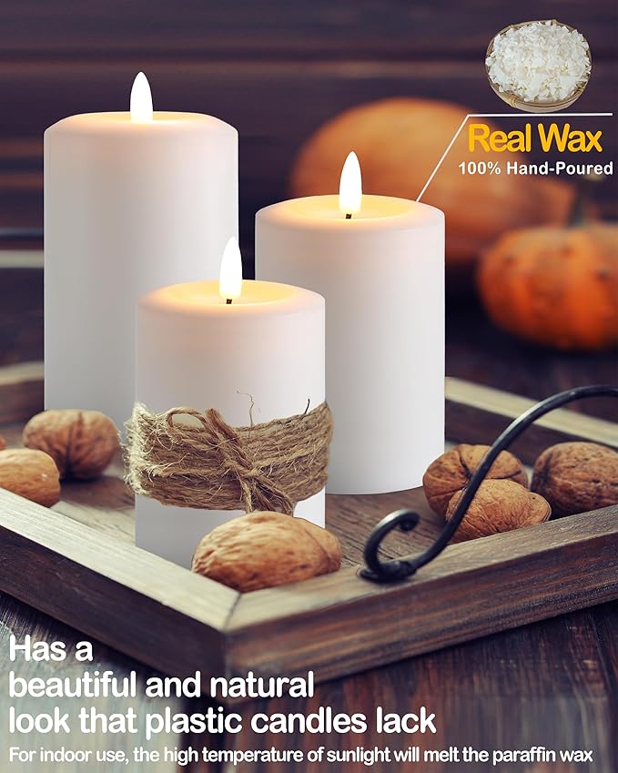3"x4" Flickering Flameless Candles with Remote Timer, Real Wax, White Pillar Candles, Set of 3 Large LED Battery Operated Candles for Home, Fireplace, Centerpiece, Rustic and Farmhouse Decor