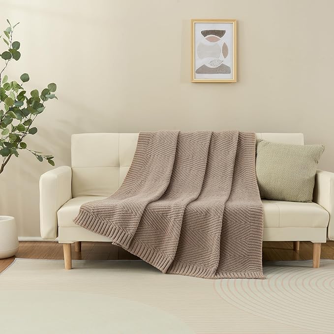Knitted Throw Blanket 50"X60", Taupe Knit Throws for Bed, Super Soft Boho Chevron Blankets for Couch Sofa Chair Room Decor, Textured Decorative Farmhouse Cozy Lightweight