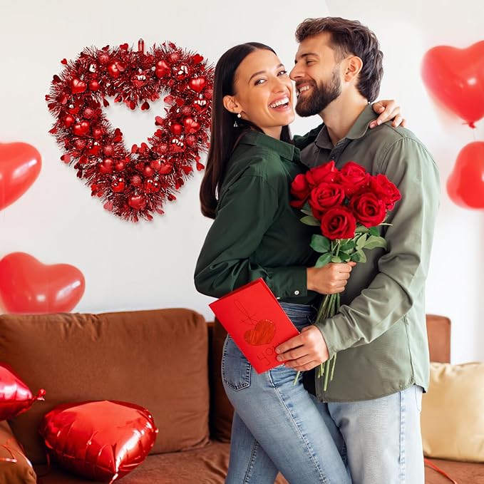 Valentines Wreath, 15.7" Red Heart Shaped Wreaths for Front Door with Tinsel Valentines Gifts Wall Decorations for Home Wedding Party Anniversary
