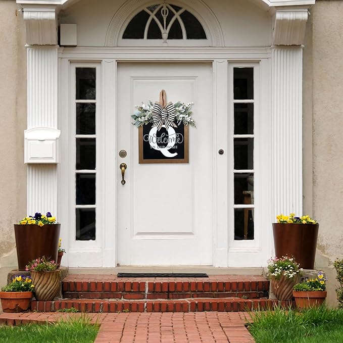 Ultra Large 14'' Last Name All Year Round Front Door Wreath with 26 Initial Letter Welcome Sign All Seasons Eucalyptus Garland and Bow Wreaths for Front Door Porch Farmhouse Decoration (Q)